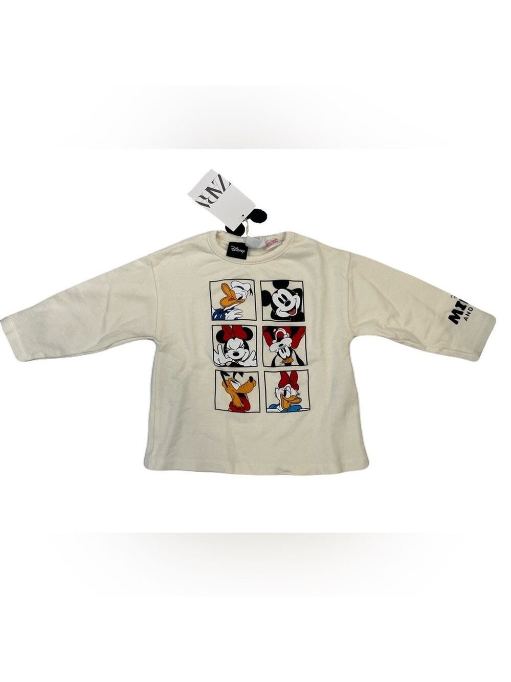 Zara Kids Cream Long‎ Sleeve Tee with Cartoon Panels and Mickey Characters